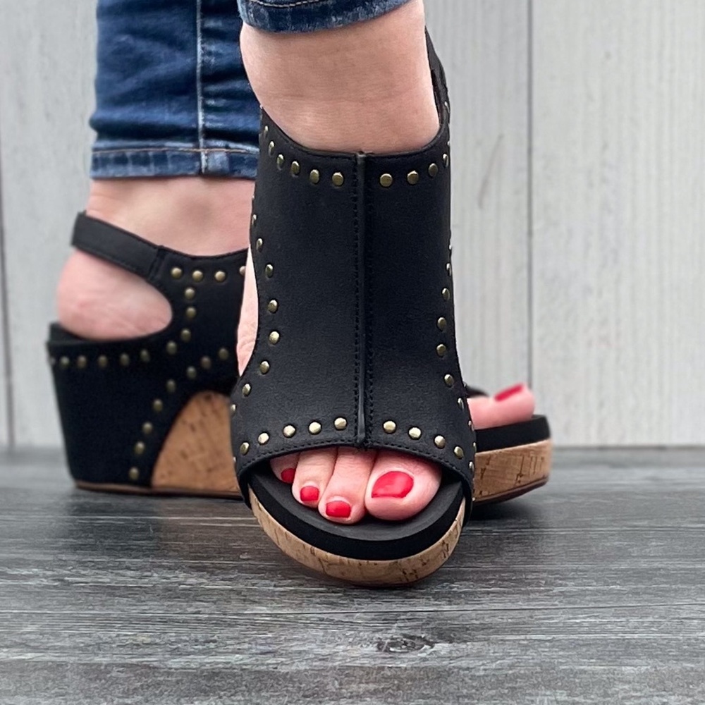 Corkys Footwear Carley Wedge Sandal Black Oil PU with Studs is a closet staple - Picture 9 of 11